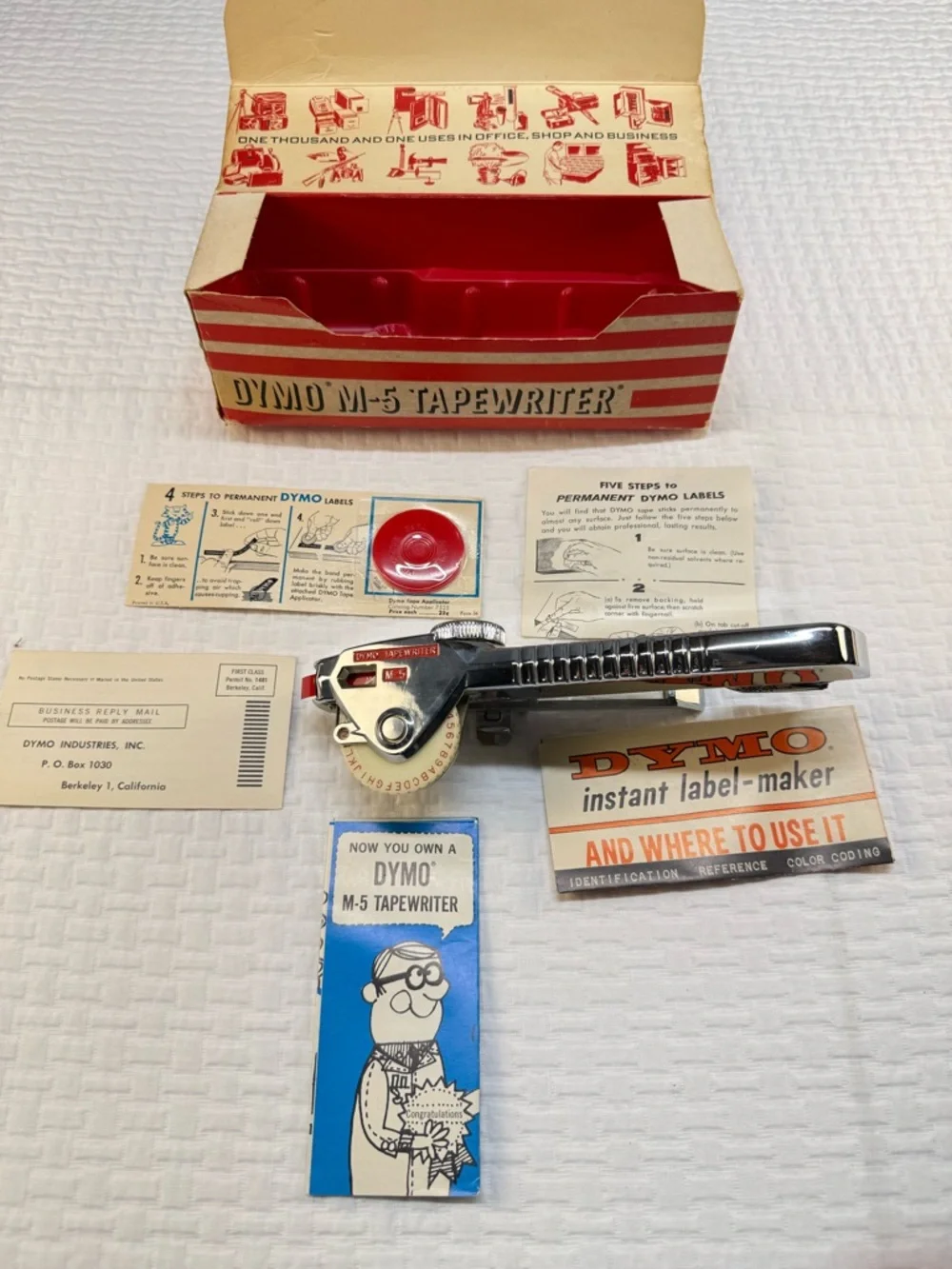 Dyno M-5 Tapewriter with Red-Striped Box and Blue Insert